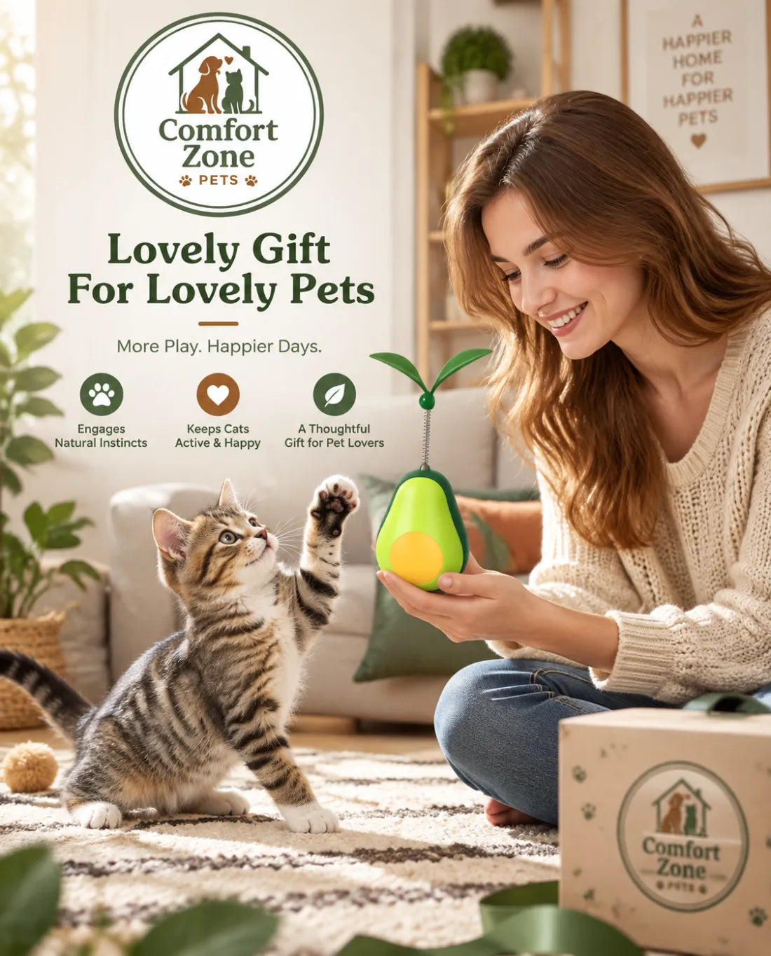 Interactive cat treat dispenser toy shown in a home setting, designed for play, rewards, and cat enrichment.
