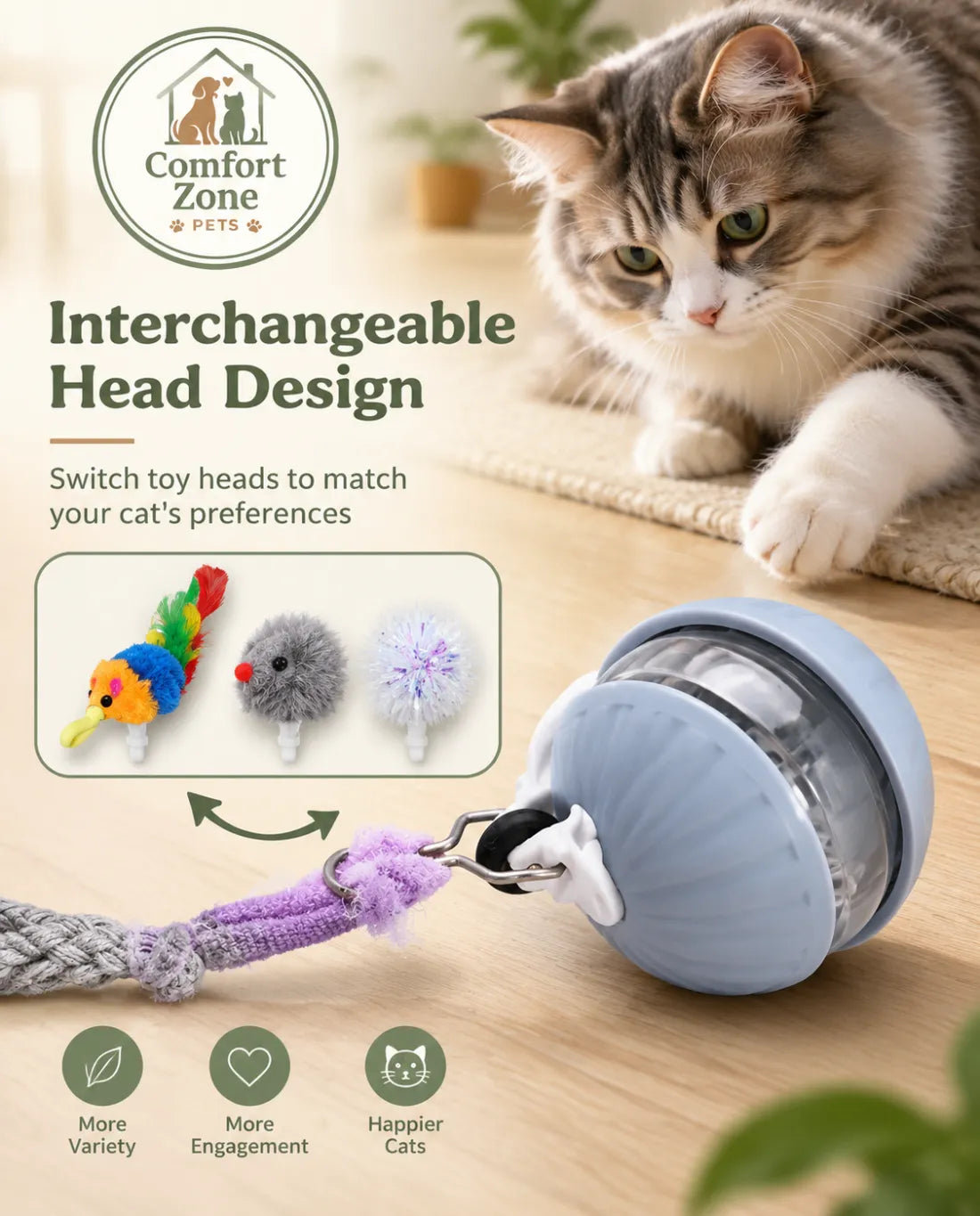 Interactive cat toy ball with replaceable faux tail attachments for varied play experiences.