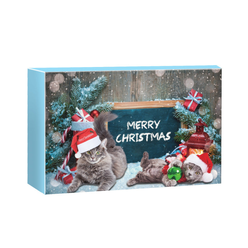 Assorted Christmas cat toys from a festive cat advent calendar, including small toy mice, balls, and interactive play pieces.
