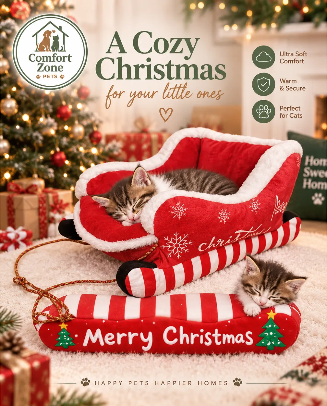 Festive Christmas cat bed shaped like a sleigh with soft plush material, warm comfort, and cozy
holiday design for cats.
