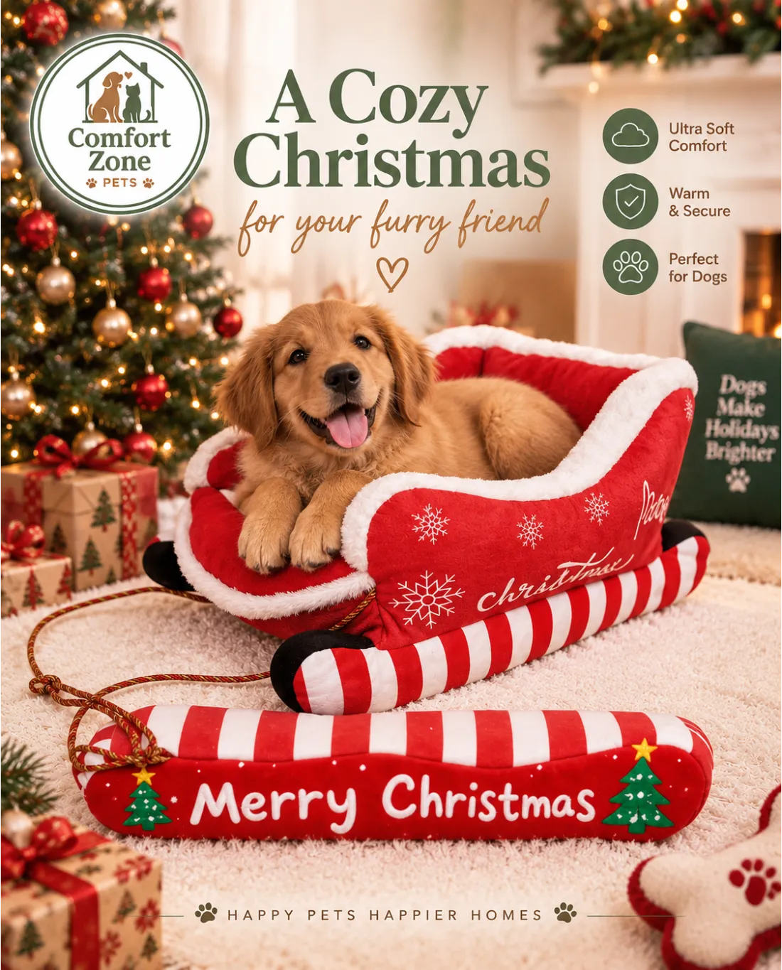 Cozy Christmas sleigh pet bed for small dogs featuring soft plush fabric, warm design, and festive
holiday style.