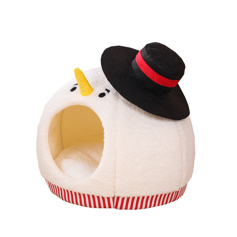 Christmas snowman cat cave bed with semi-enclosed opening, black hat and red trim for cozy indoor winter naps