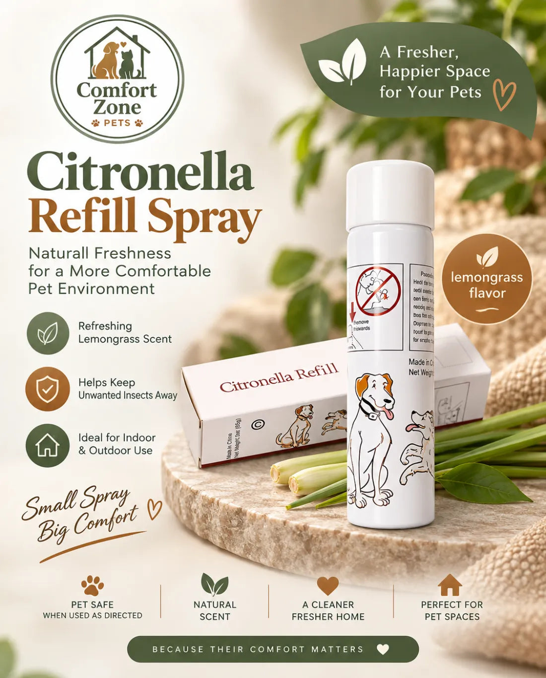 Citronella refill spray bottle for dog training collar, natural lemongrass scent refill designed for bark control collar systems.