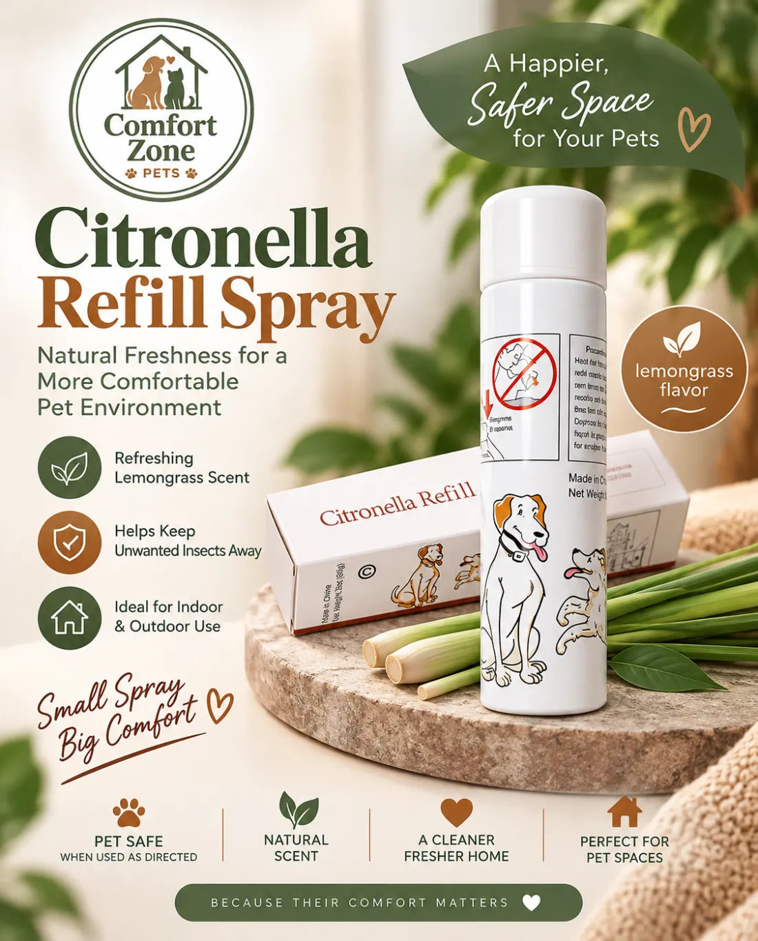 Citronella refill spray for dog bark collar featuring natural scent, pet training support, and indoor outdoor use.