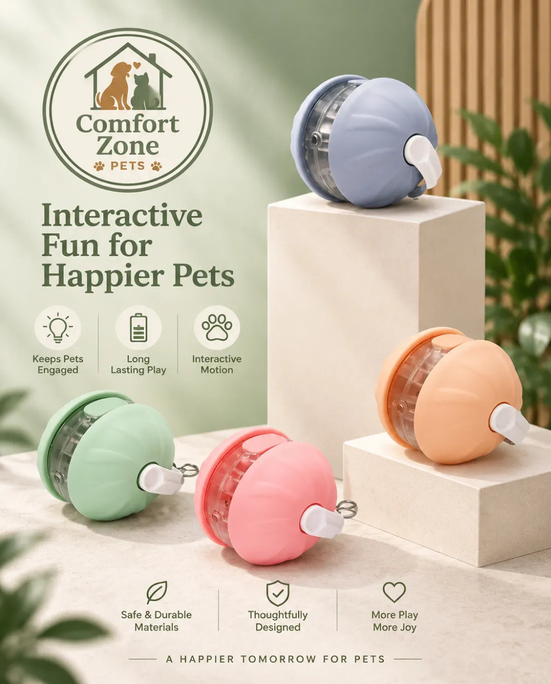 Colorful automatic cat ball toy options in pastel colors with interactive motion design for indoor cats.