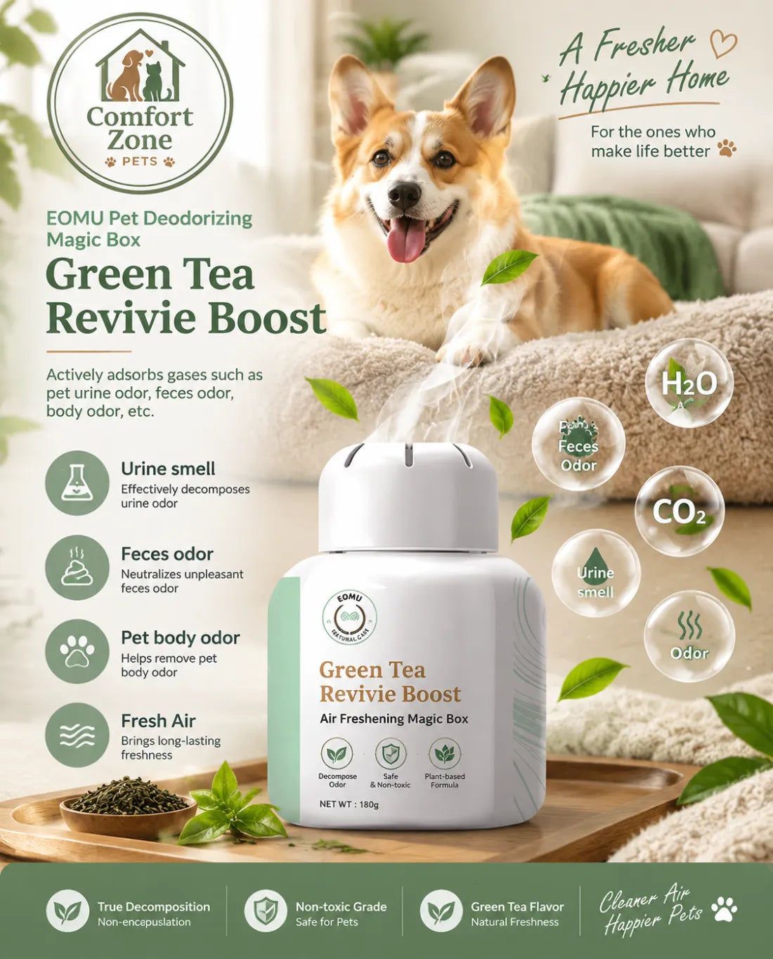 Comfort Zone Pets green tea pet deodorizer helps absorb unwanted odors and creates a cleaner indoor environment with lasting freshness.