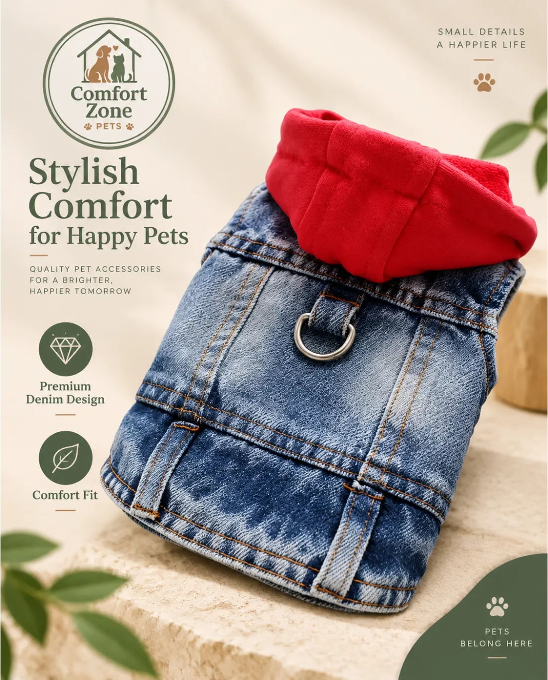 Denim dog jacket with hood and comfortable fit for fashionable outdoor walks