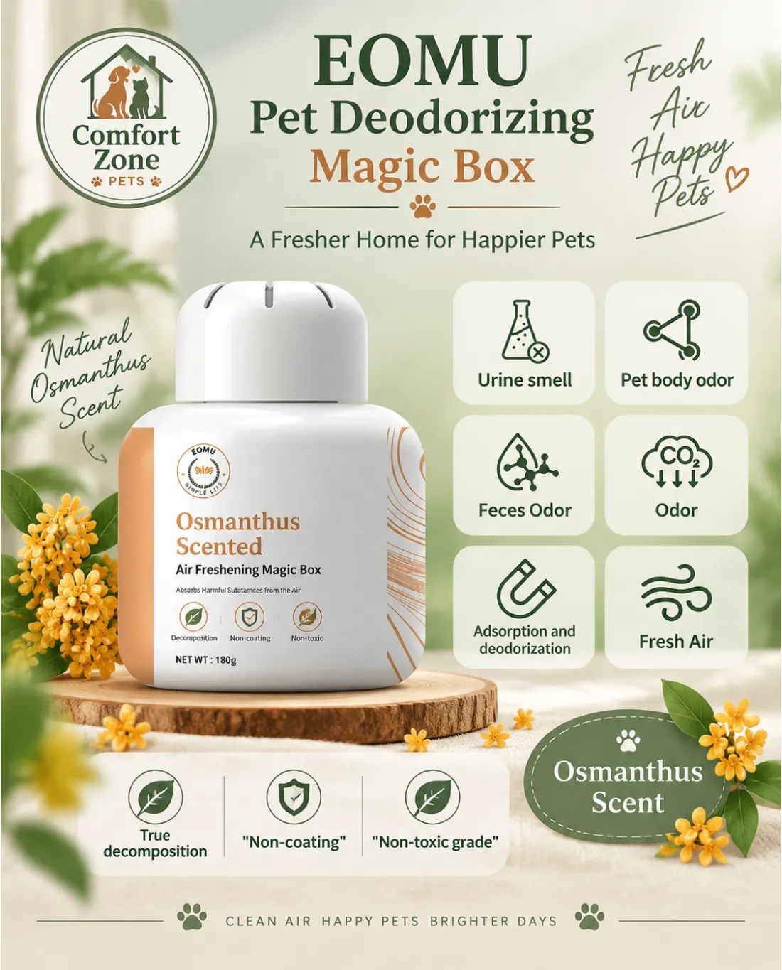 Comfort Zone Pets natural pet odor remover magic box offers safe air freshening and odor elimination for homes with pets.
