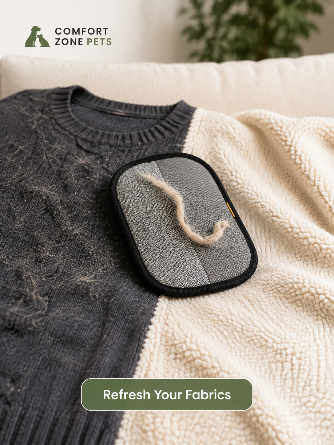 Comfort Zone Pets pet hair remover on a dark sweater and cream blanket with loose pet fur