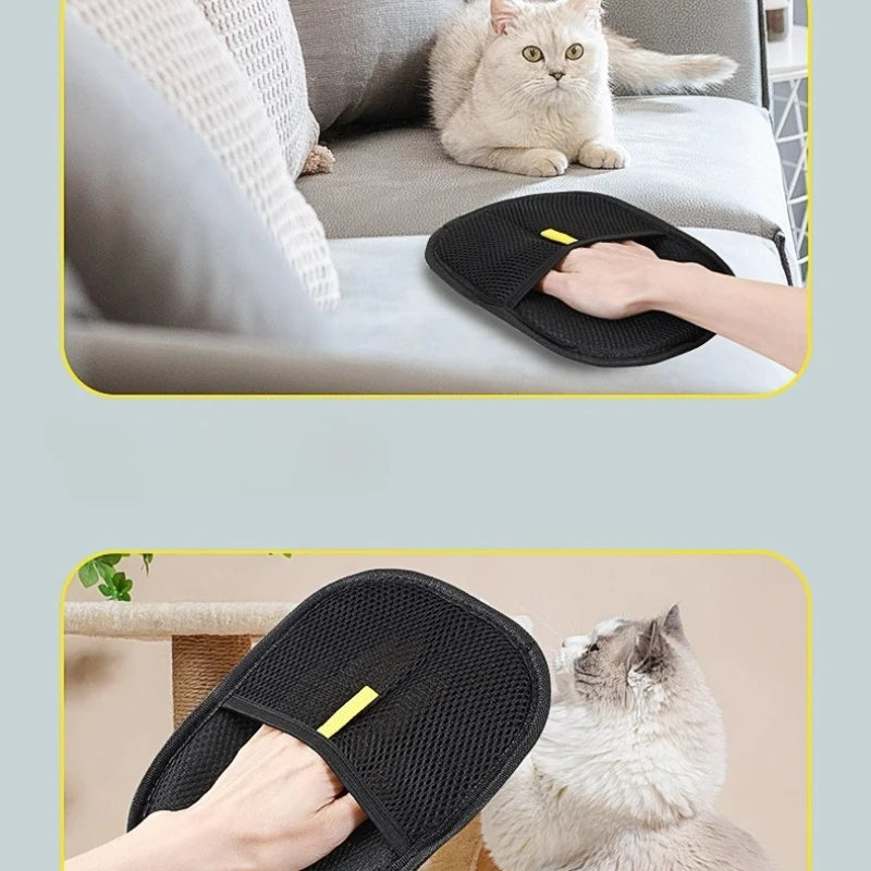 Comfort Zone Pets pet hair remover used on a sofa cushion and near a cat tree with cats nearby