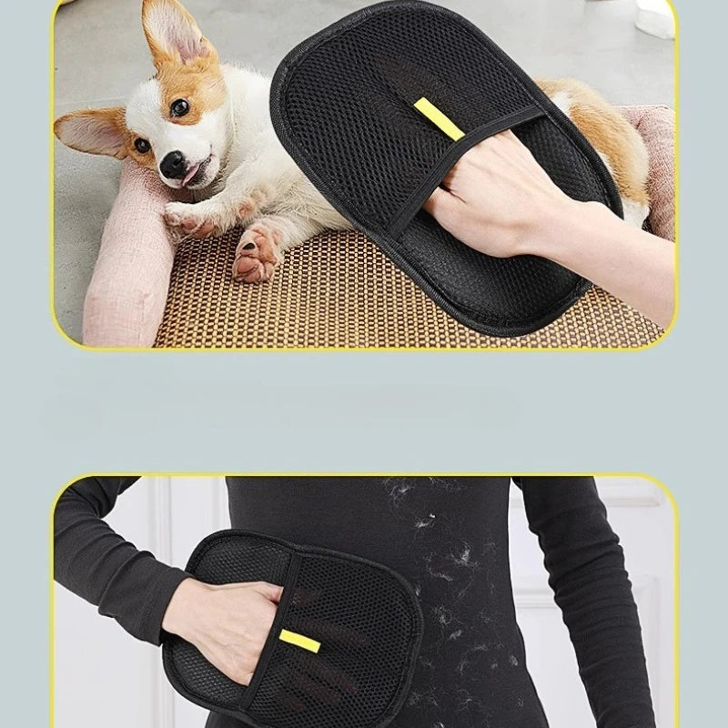 Comfort Zone Pets pet hair remover used on a dog's bedding and on a fur-covered black sleeve