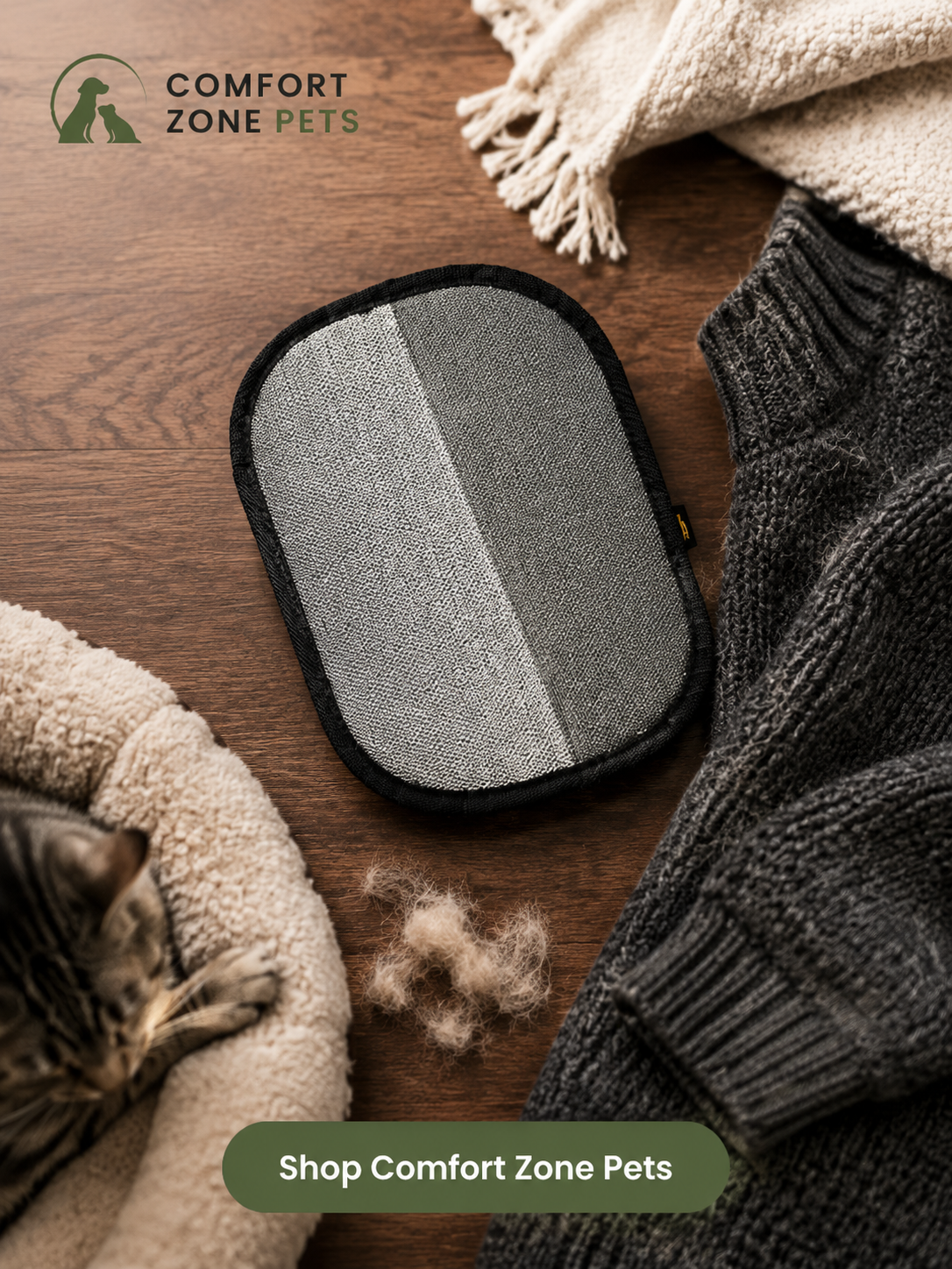 Comfort Zone Pets reusable pet hair remover beside a sweater, blanket, and pet bedding