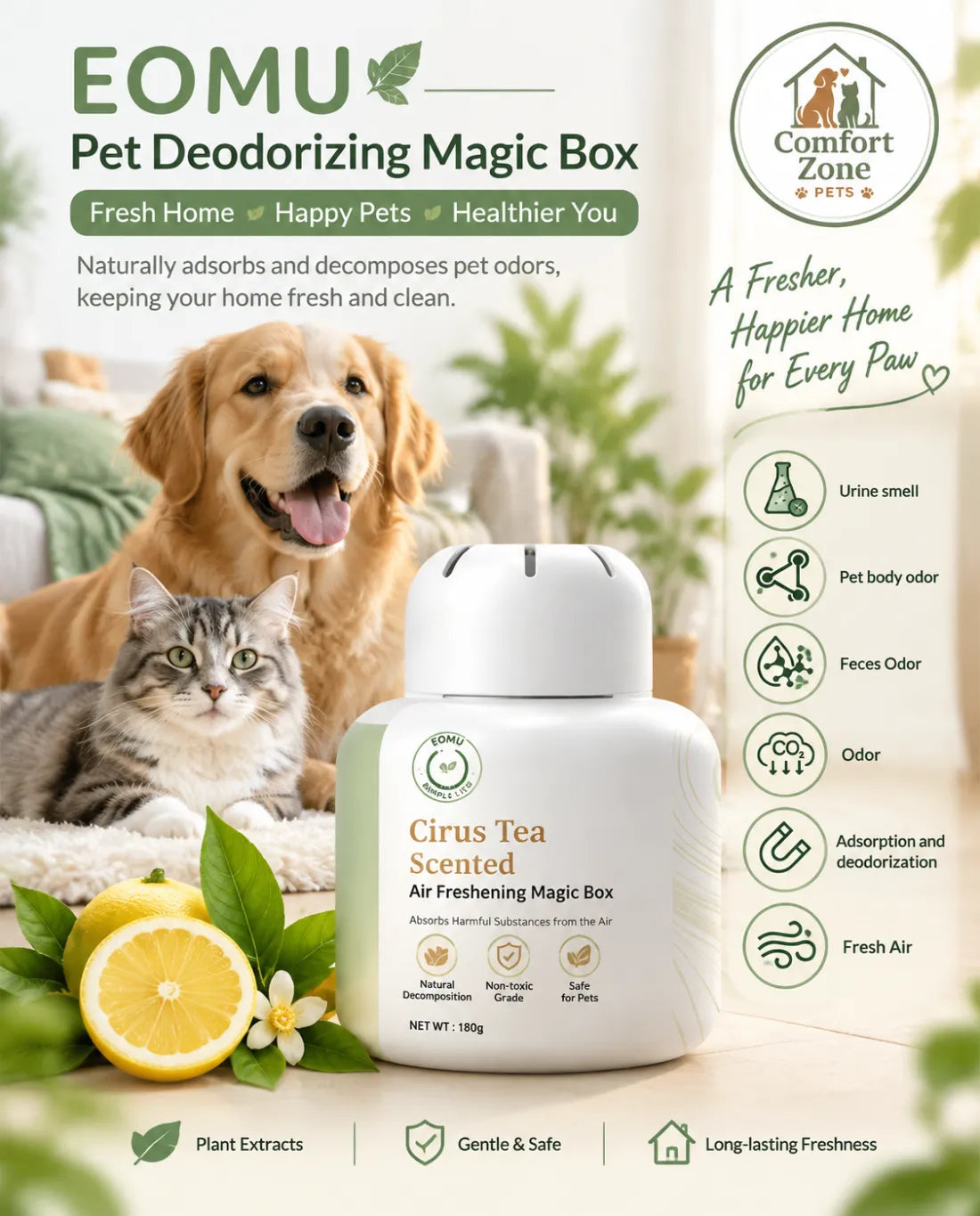 Comfort Zone Pets green tea scented odor control magic box helps remove unpleasant pet smells and maintain a fresh home atmosphere.