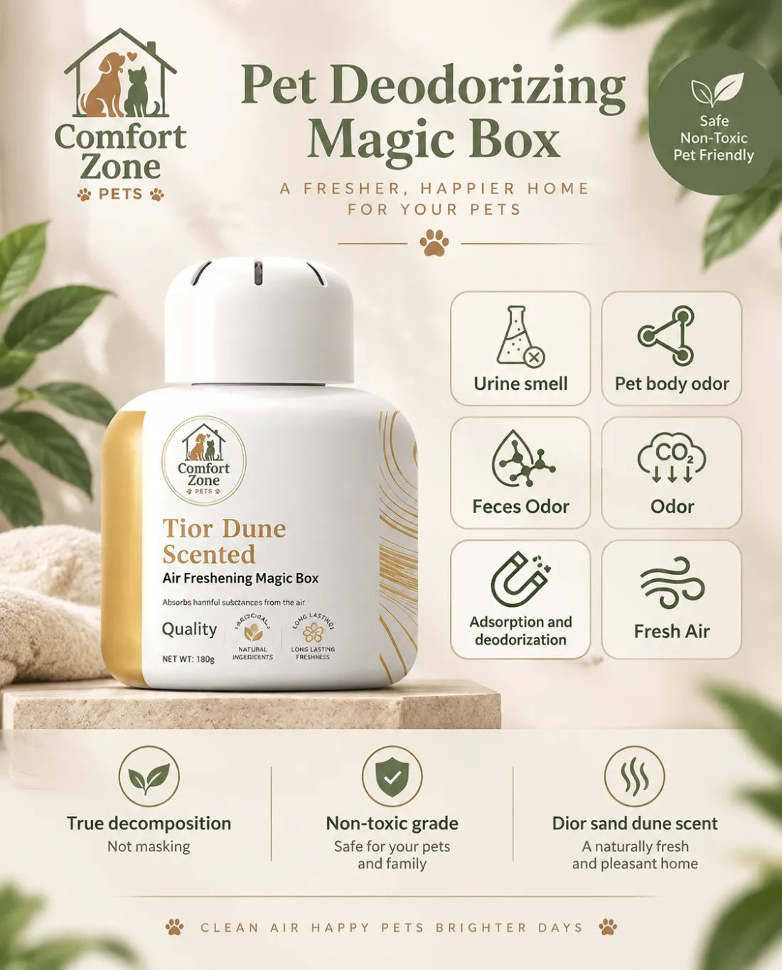 Comfort Zone Pets laboratory tested pet odor control magic box designed to reduce pet-related odors effectively.