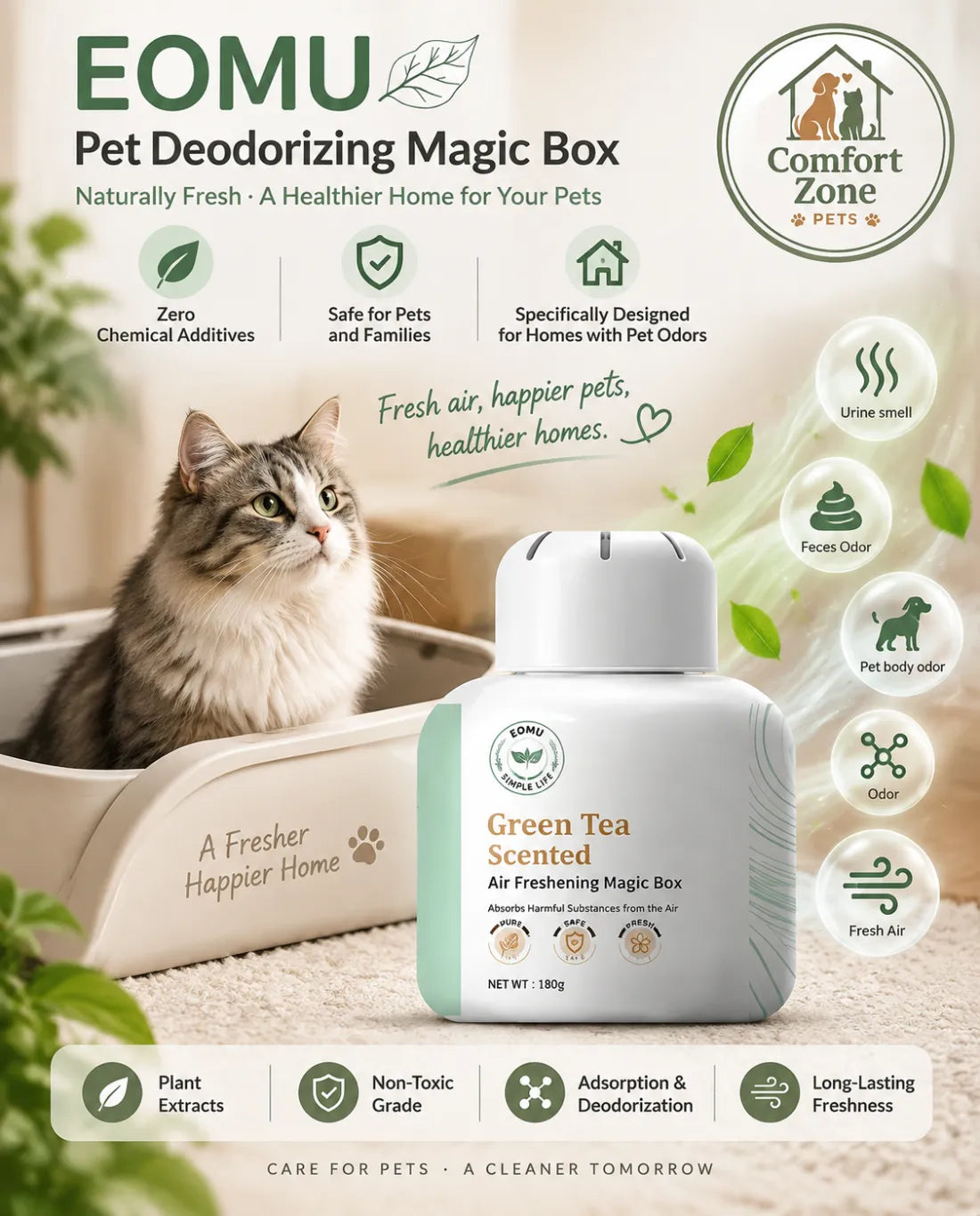 Comfort Zone Pets pet odor eliminator magic box for cat and dog homes, creating a fresher and happier living space.