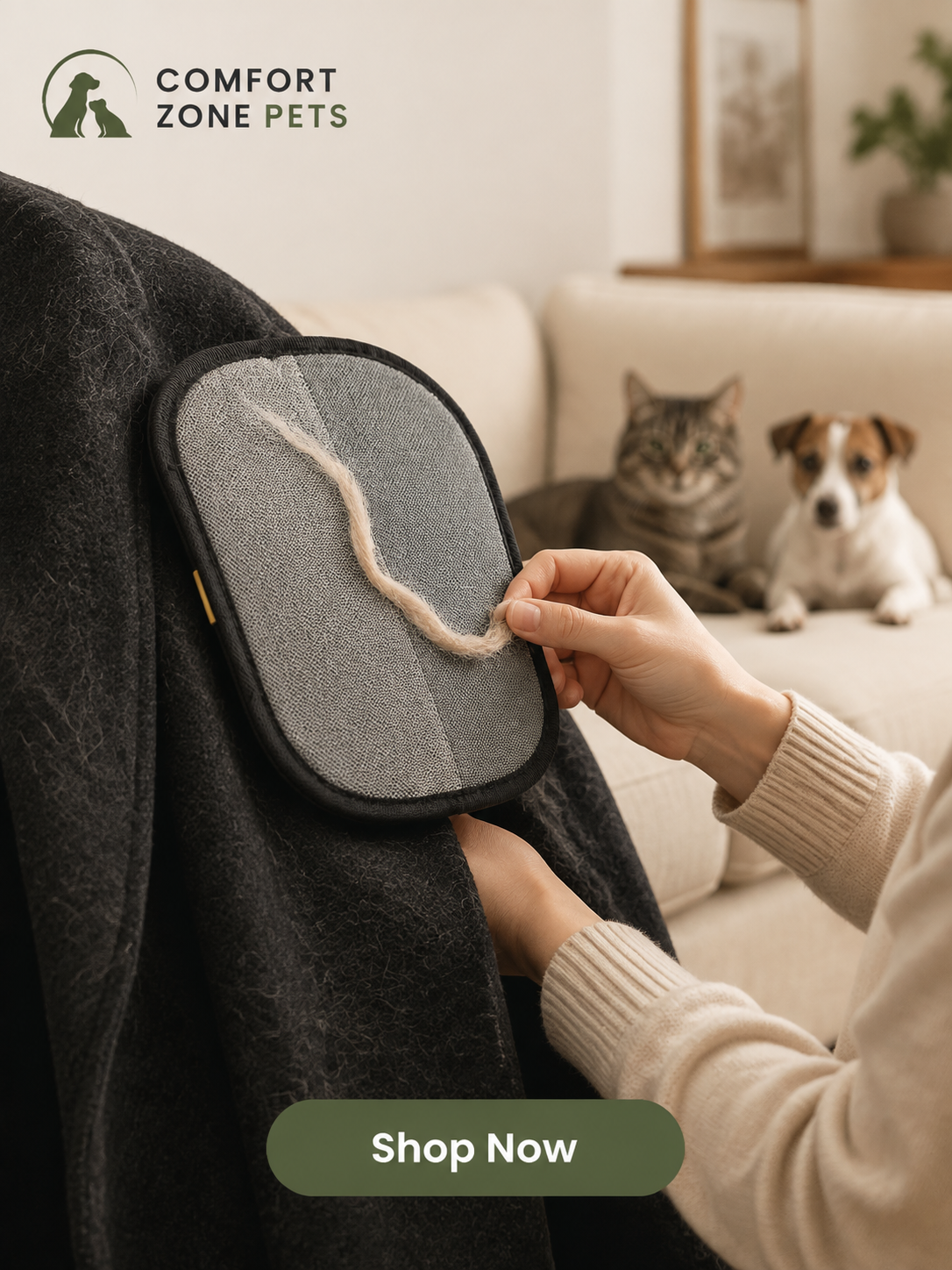 Comfort Zone Pets reusable pet hair remover collecting loose pet hair from a dark jacket beside a cat and dog