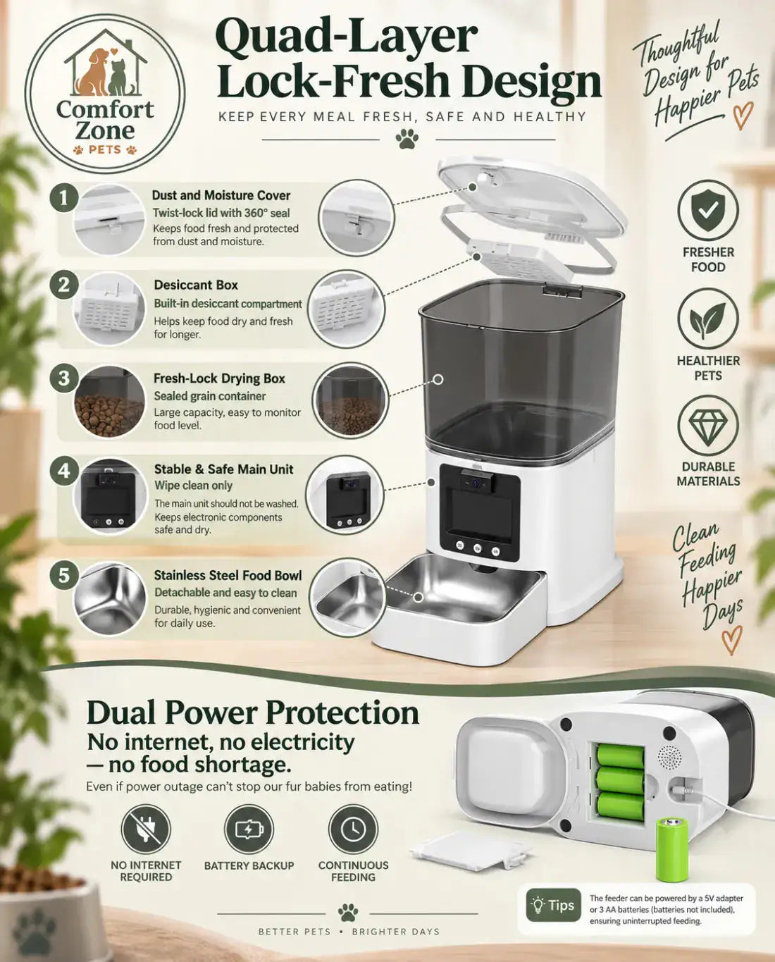 Comfort Zone Pets 5L smart pet feeder with a golden retriever and tabby cat promoting a 1-year replacement warranty and customer support.