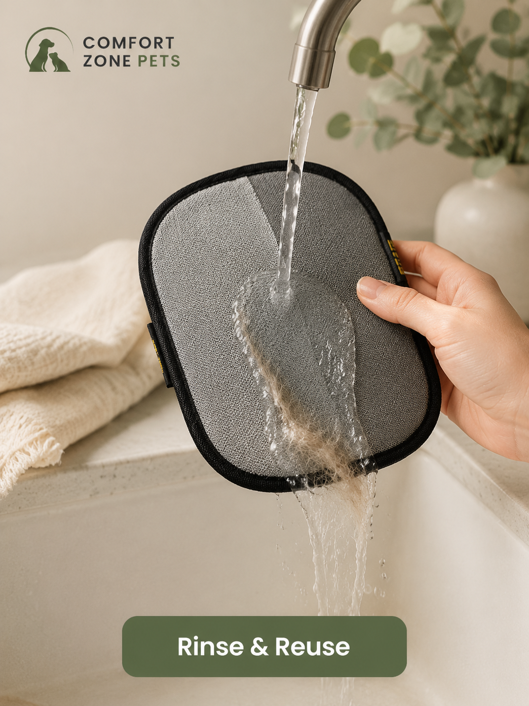 Hand rinsing a washable Comfort Zone Pets pet hair remover under running water