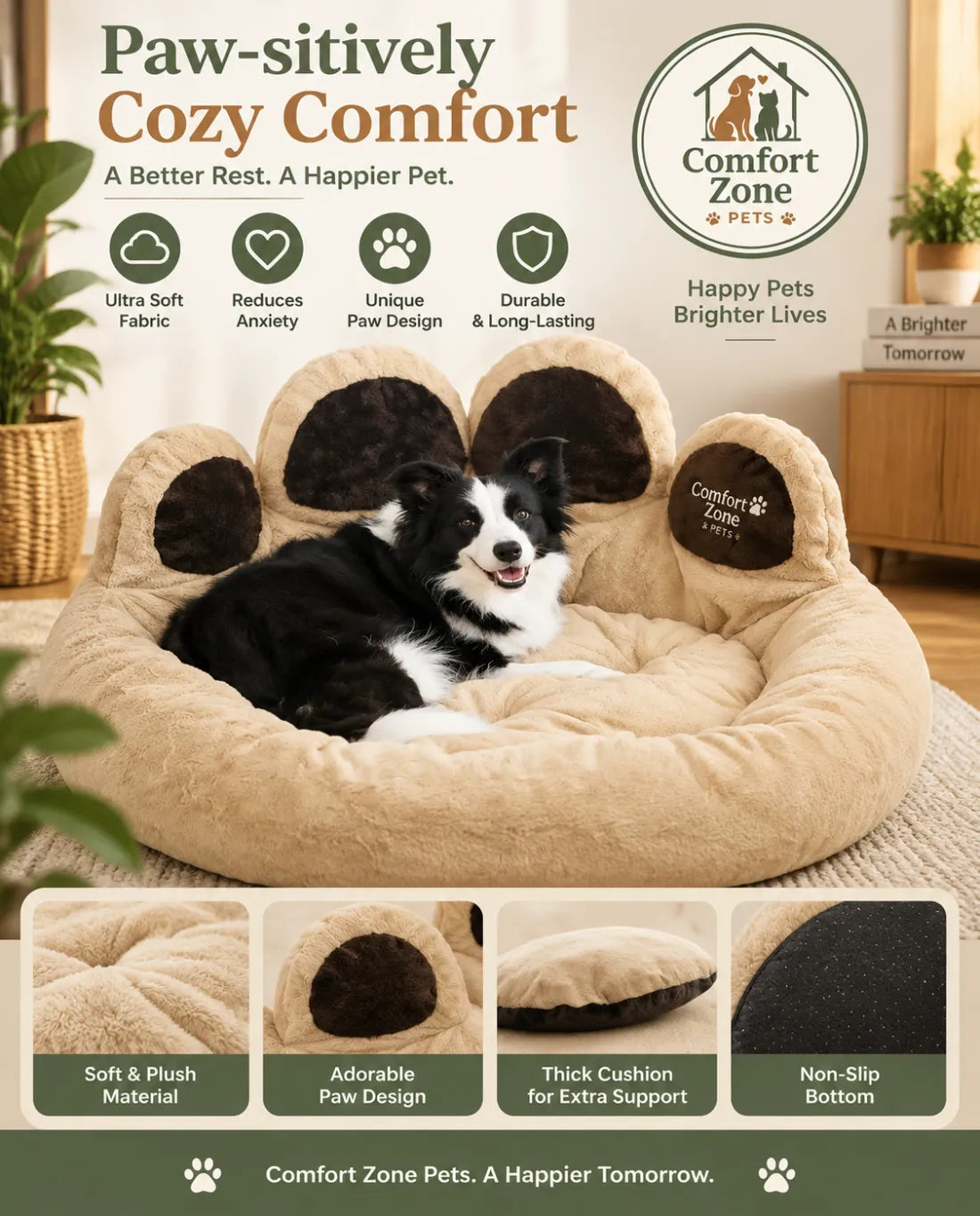 Paw shaped plush dog bed with soft cushion for cozy and comfortable pet resting