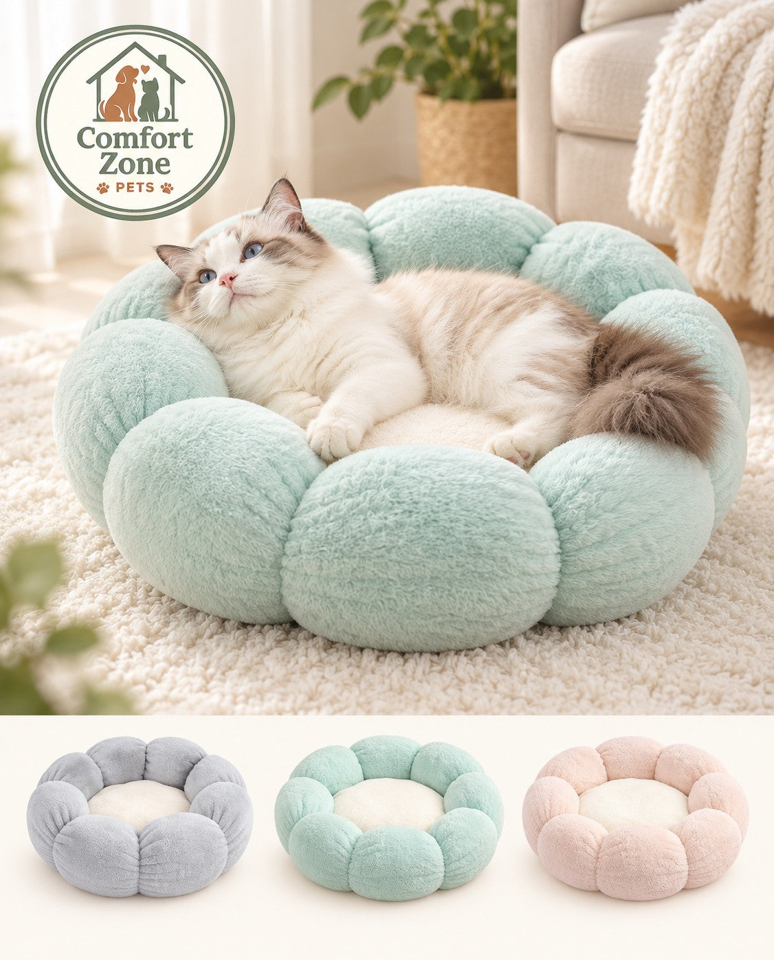 Soft plush round cat bed shown in mint with a cat lying inside, available in gray, mint and peach colors.