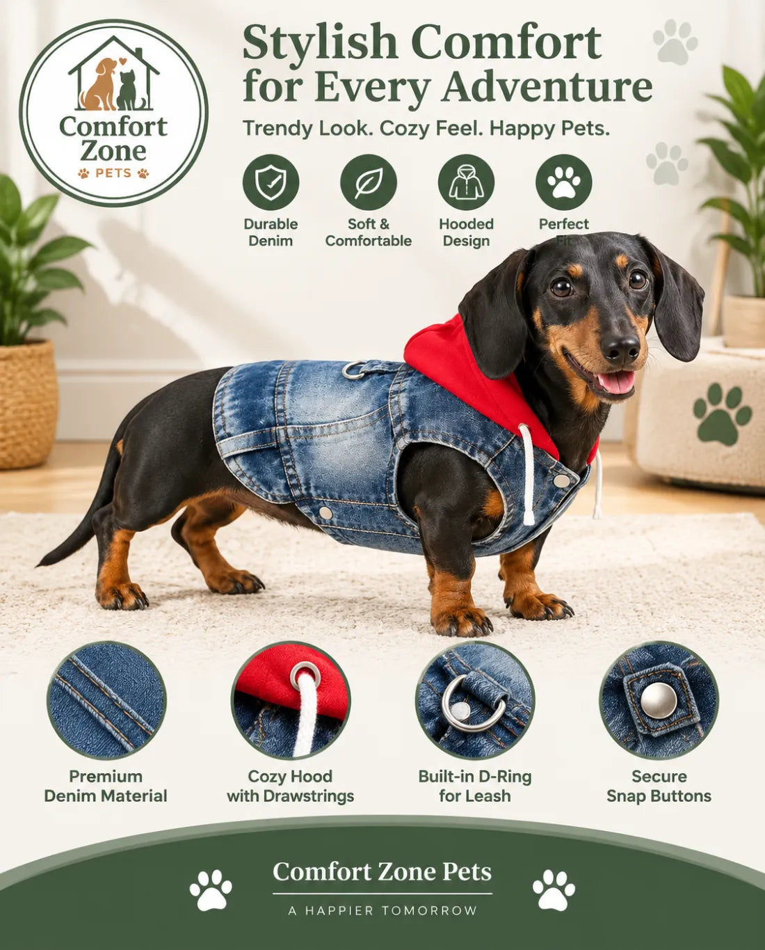 Small dog wearing hooded denim jacket with cozy design and pet clothing style