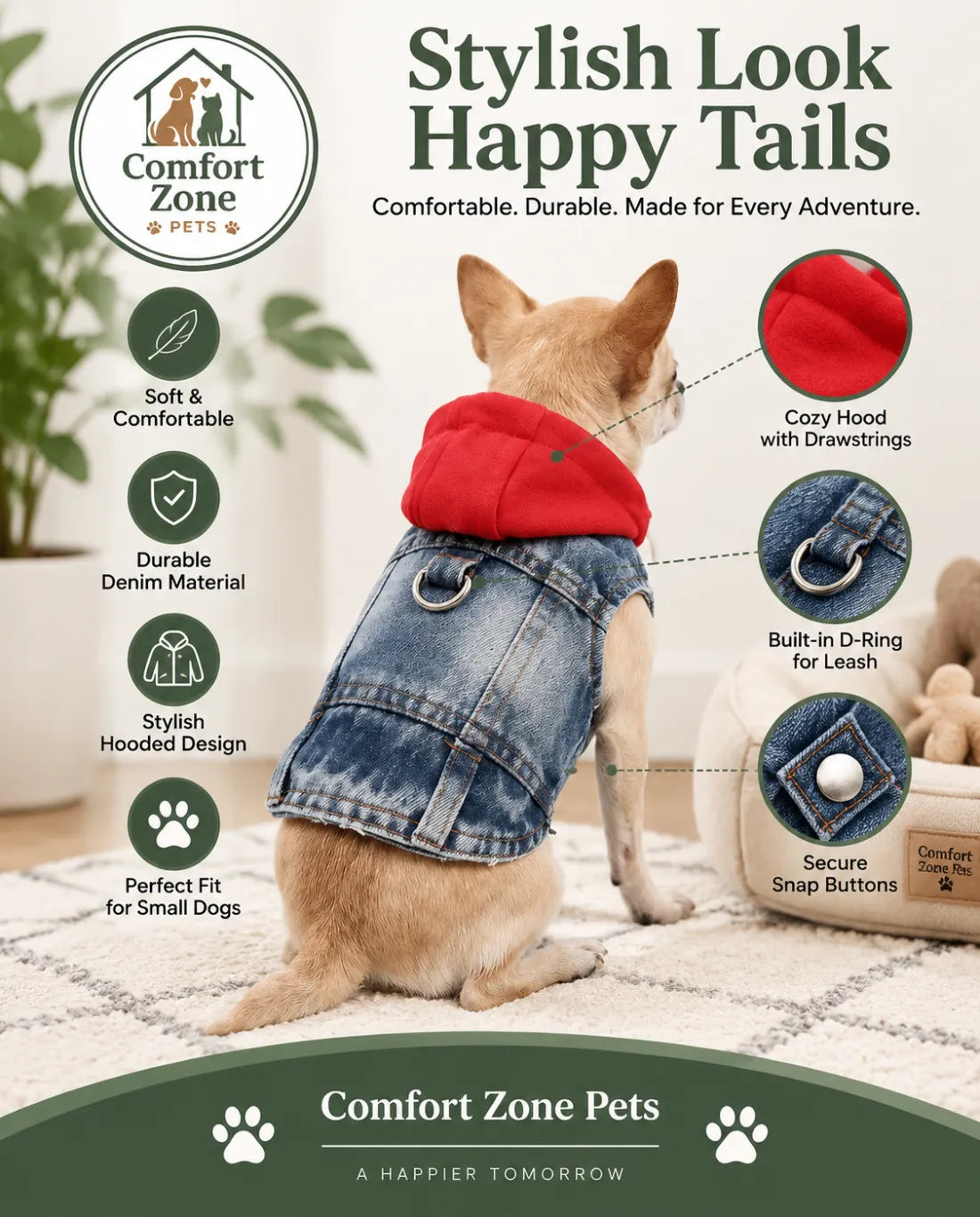 Denim hoodie jacket for dogs with detailed hood design and warm outdoor comfort