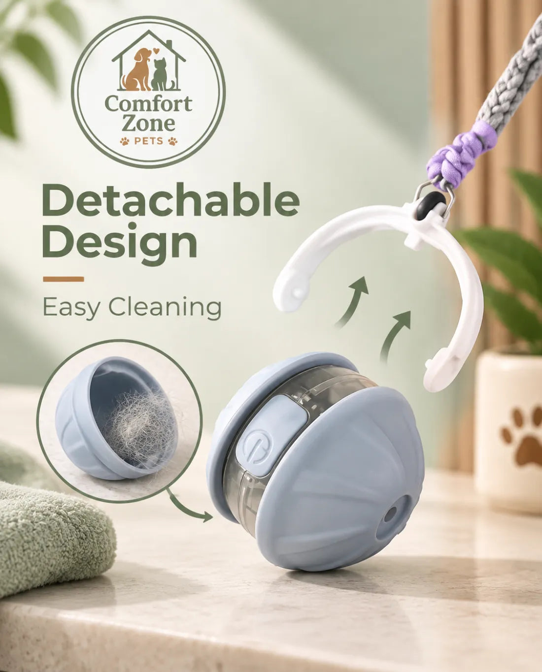 Detachable automatic cat ball toy with removable faux tail attachment and easy cleaning design.