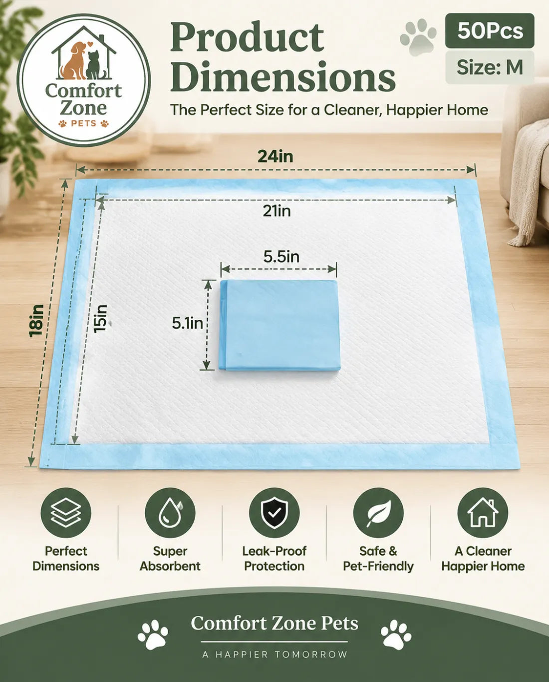 Disposable dog pee pads 50 count with multi-layer absorbent design and leak protection