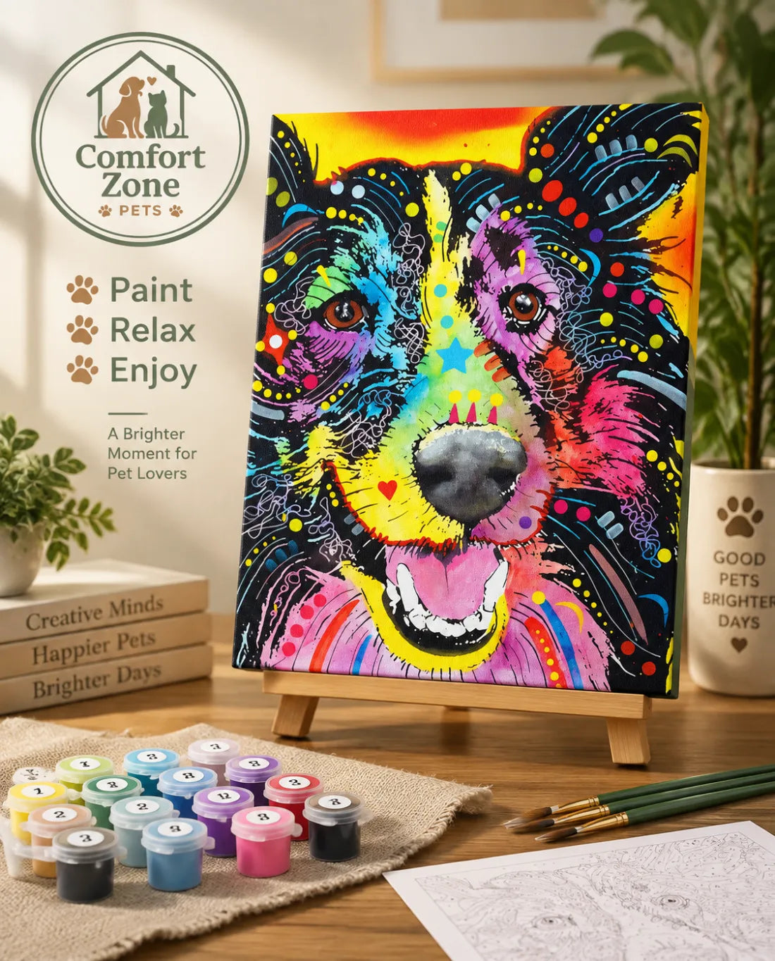 DIY Paint by Numbers Kit for Adults with Colorful Dog Canvas Artwork, Beginner Friendly Painting Set for Relaxing Creative Hobby