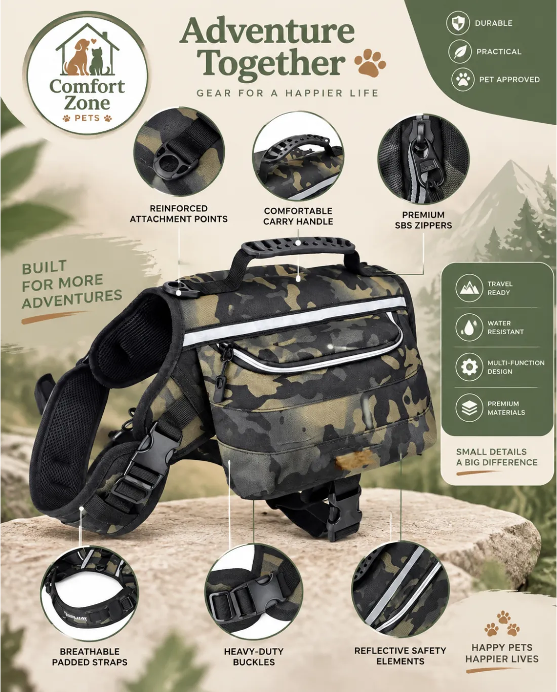 Dog backpack carrier with dual saddlebags for hiking, walking, and outdoor exploration