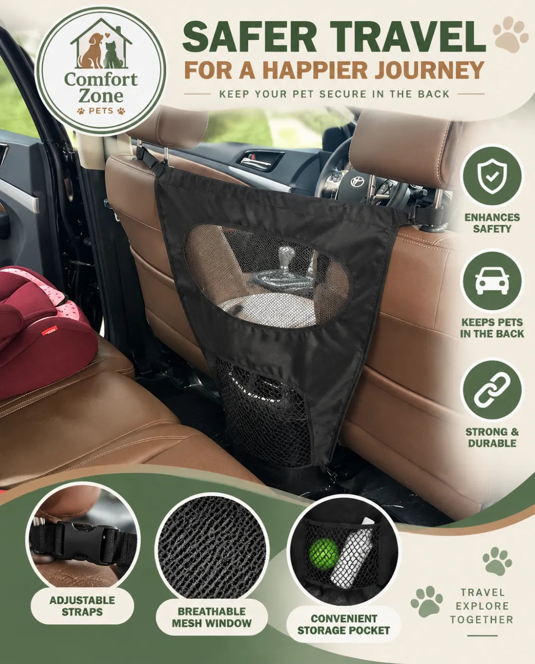 Dog car backseat barrier with mesh window and adjustable divider for safer pet travel