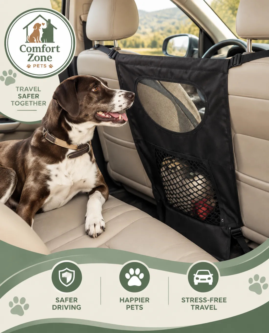 Dog car seat barrier with mesh window installation for secure backseat travel with pets