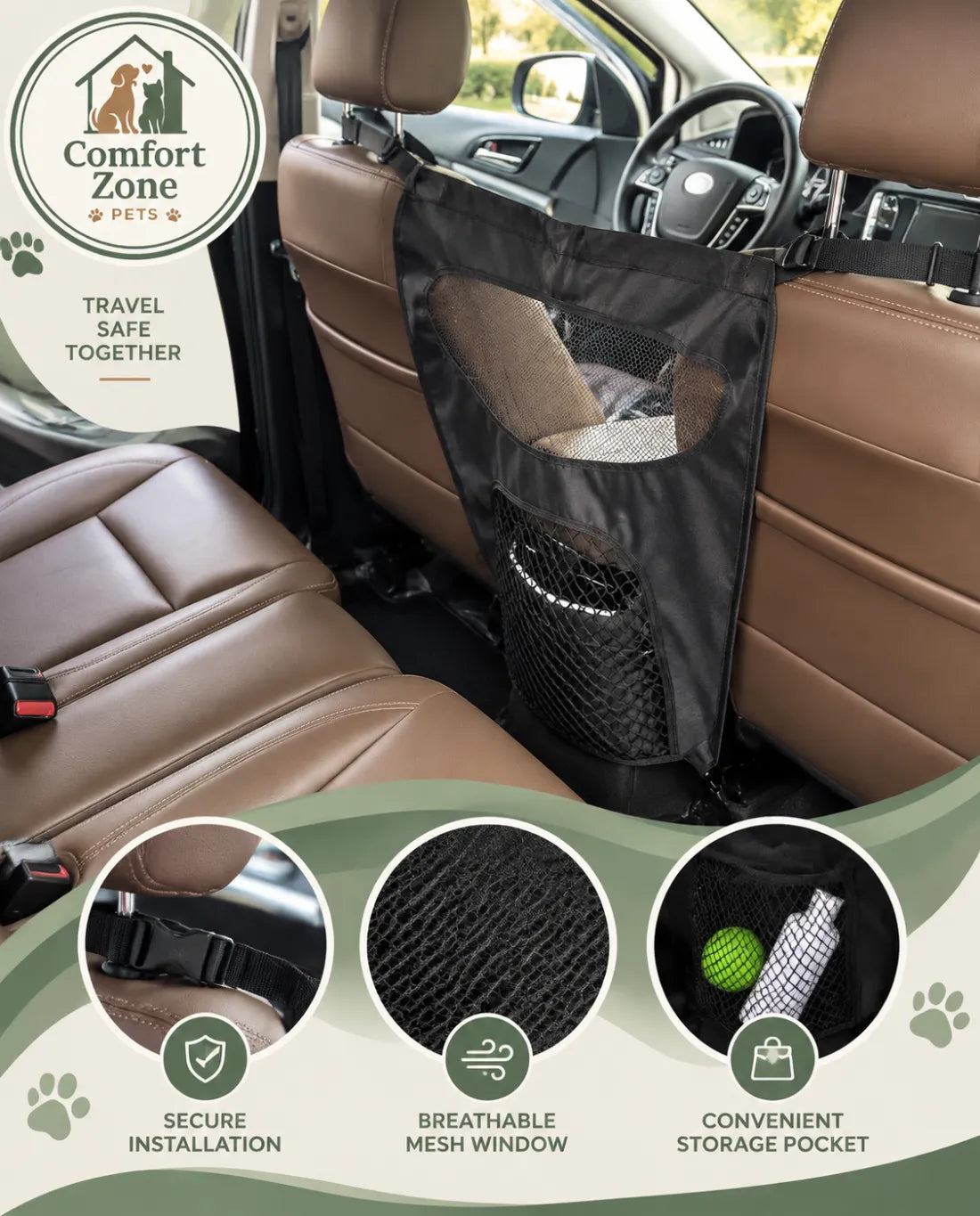 Dog car barrier with mesh window and protective backseat divider for safe vehicle rides