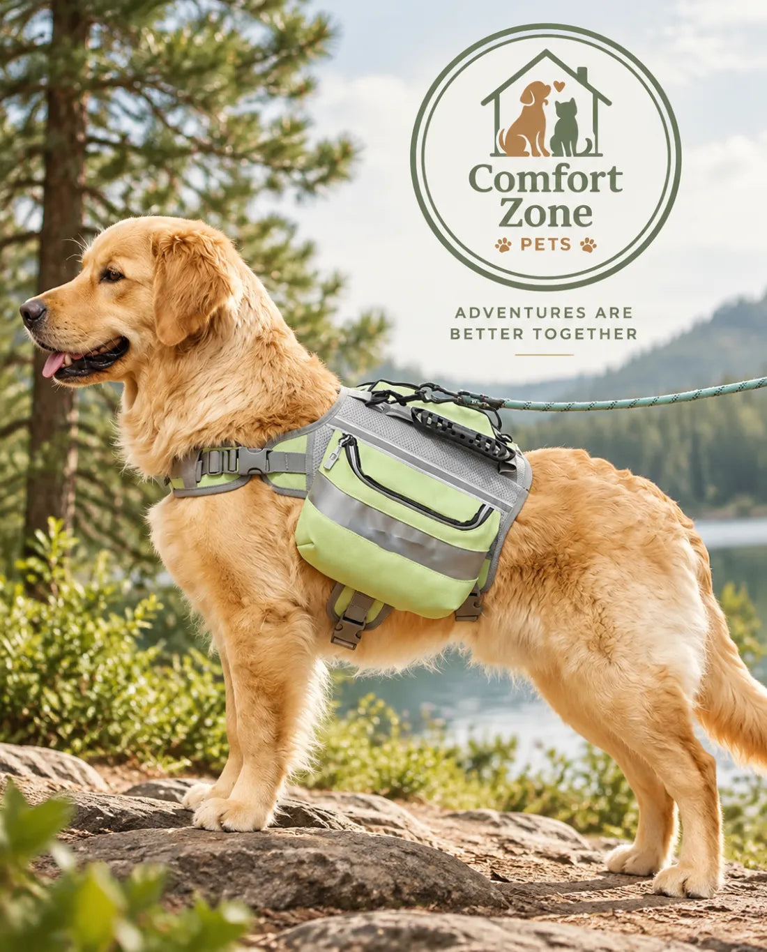Dog wearing hiking backpack with saddlebags for outdoor adventures and trail walks