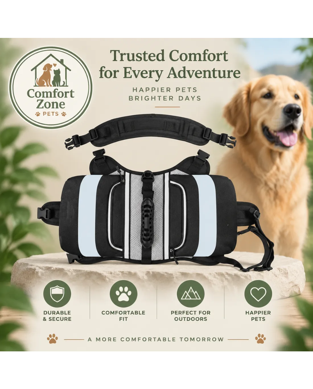 Dog hiking backpack with dual saddlebags and reflective design for active pet owners