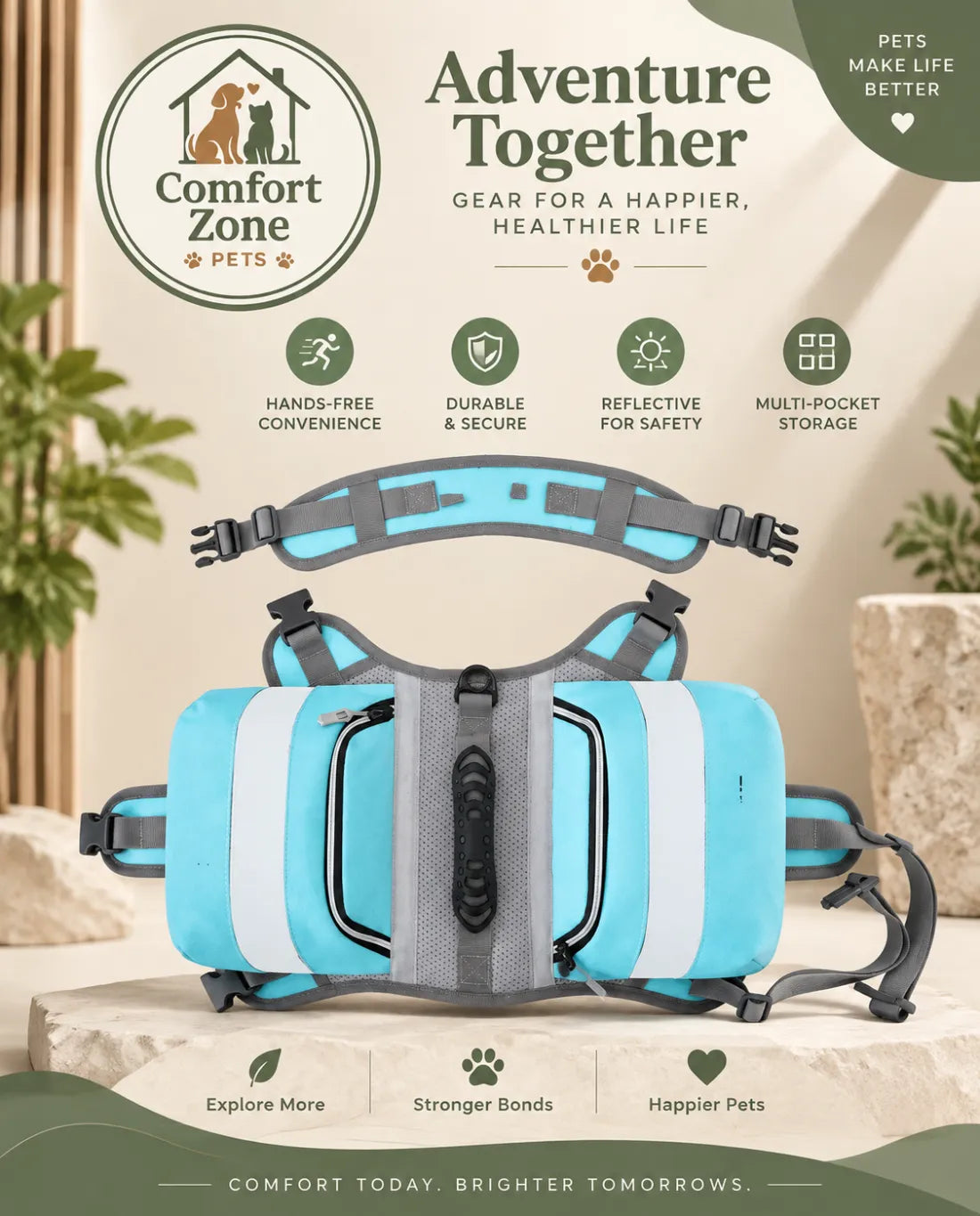 Blue dog saddlebag backpack for hiking, walking, and outdoor travel with pets