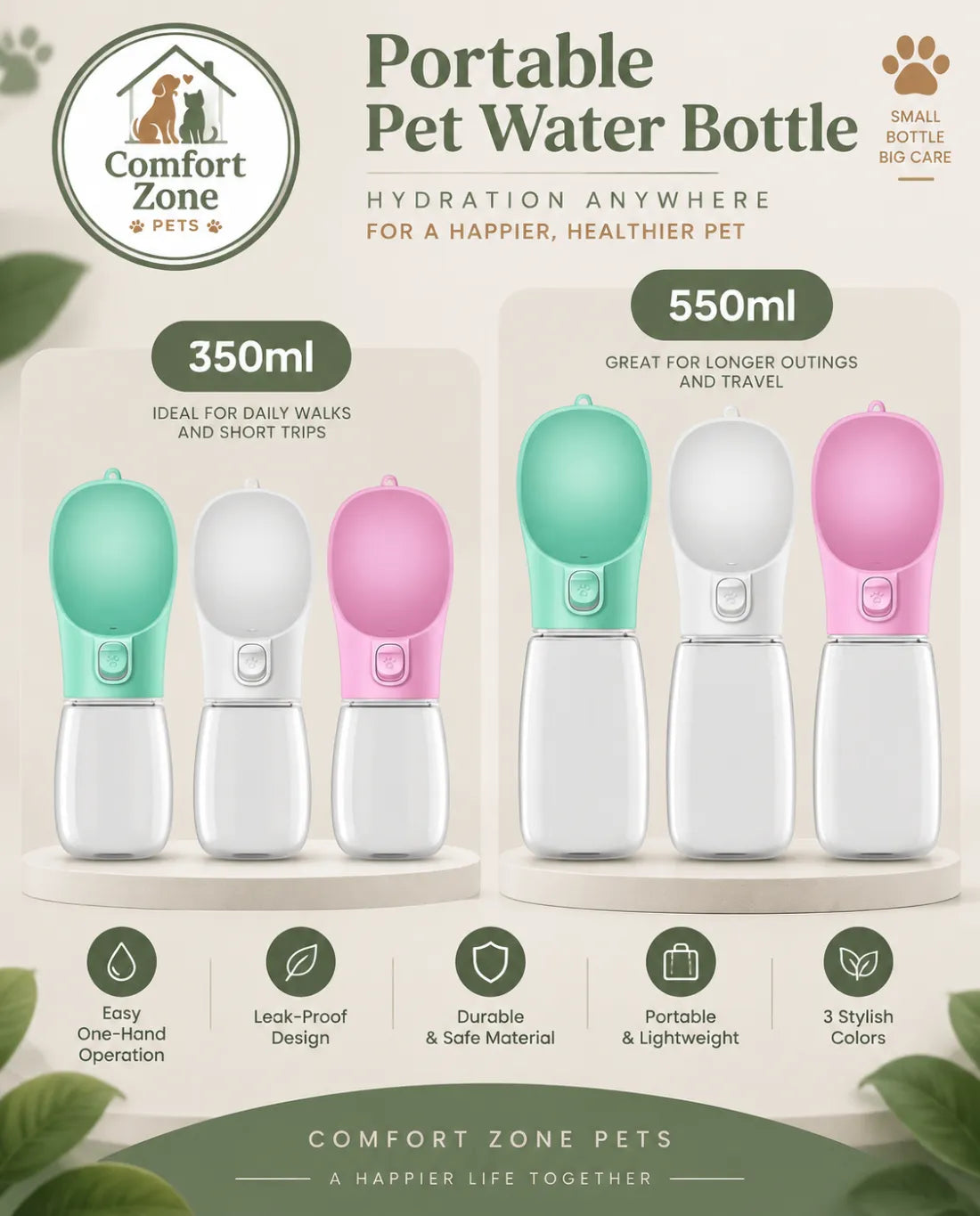 Portable dog water bottle with built-in bowl for outdoor walks, hiking, and travel hydration