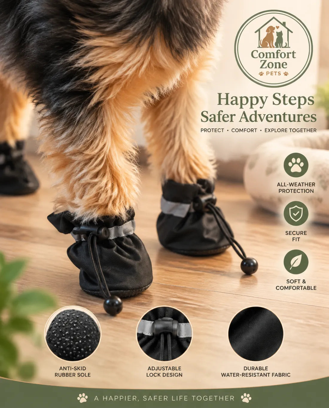 Dog wearing black protective boots for comfortable outdoor walks