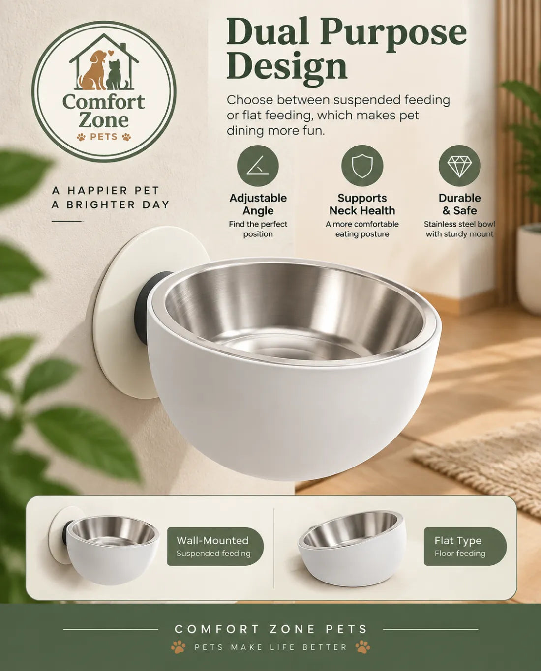 Dual purpose wall mounted pet bowl with stainless steel bowls for food and water