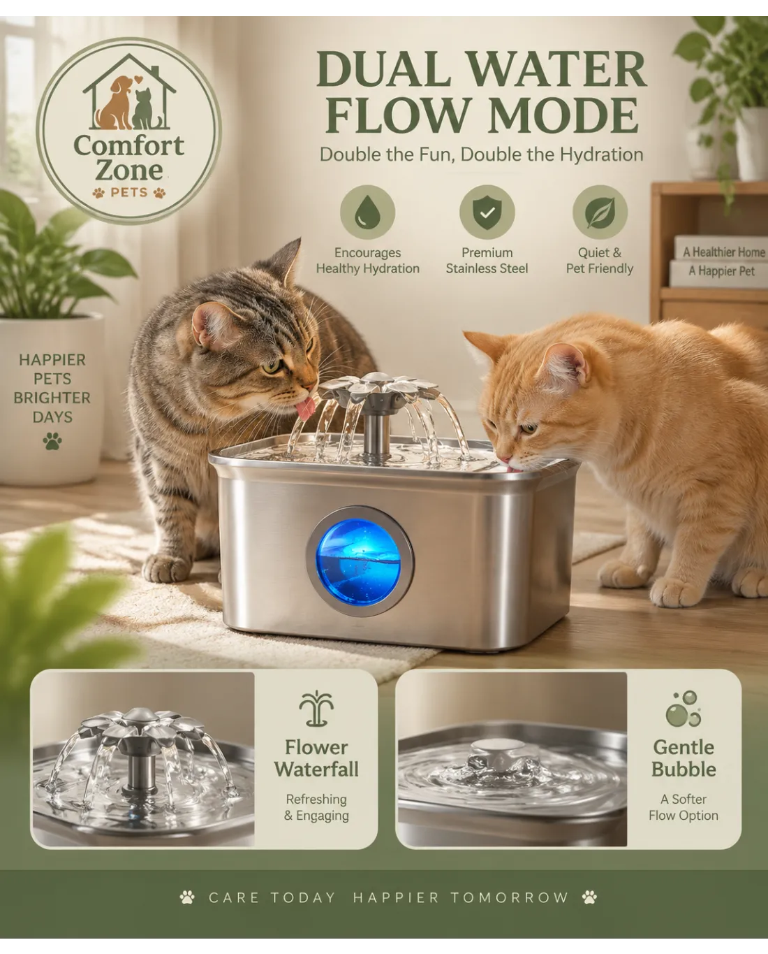 Dual water flow mode stainless steel cat fountain for improved hydration