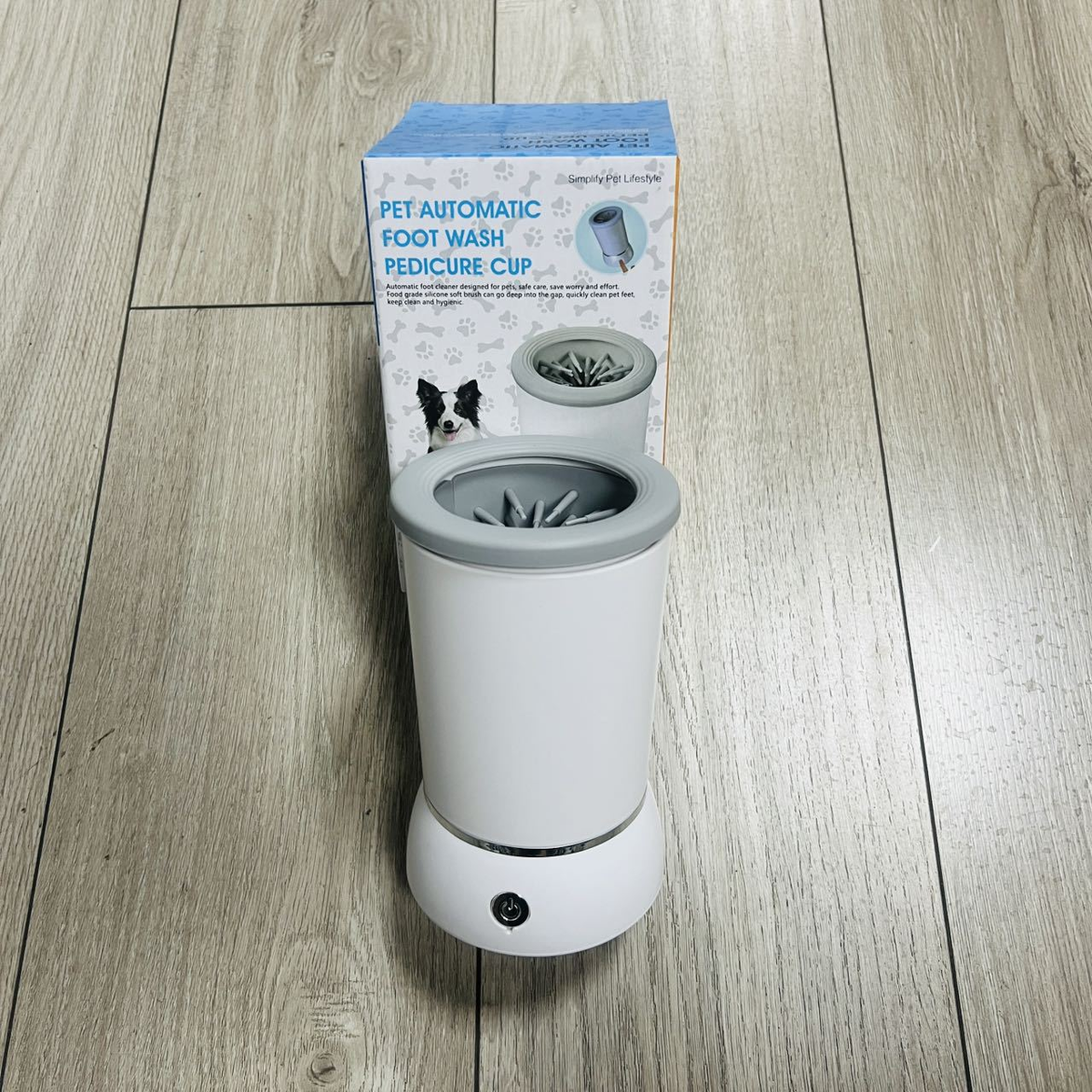 Rechargeable dog paw washer with its box, a cordless automatic paw cleaner for post-walk cleanup