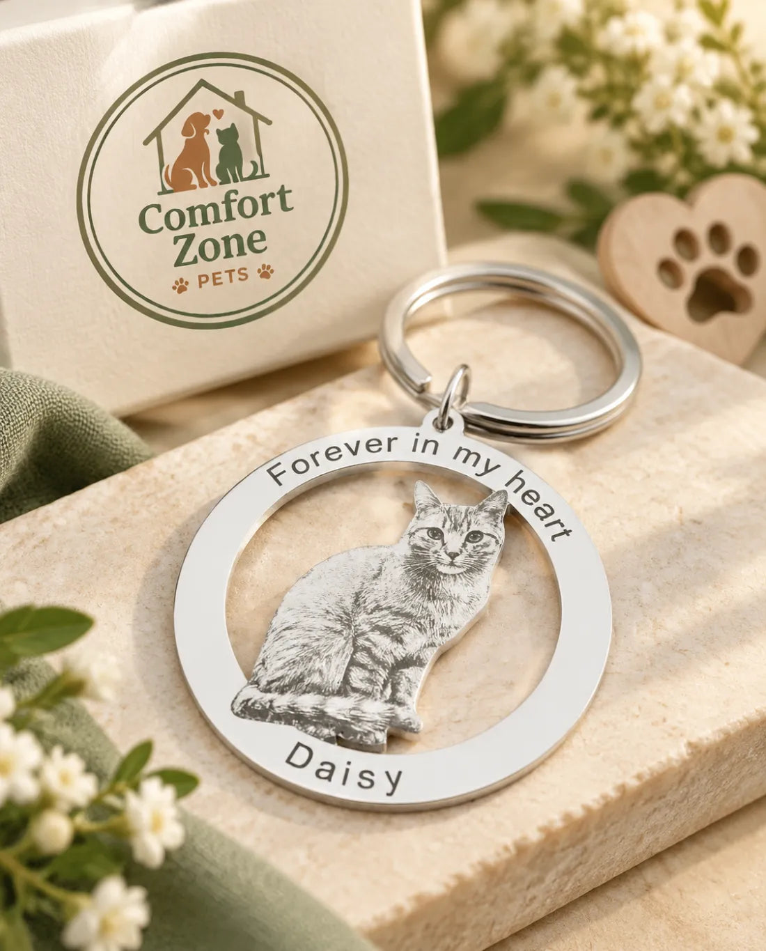 Engraved Pet Photo Keychain Memorial Gift, Custom Personalized Pet Portrait Keepsake for Remembering a Beloved Pet