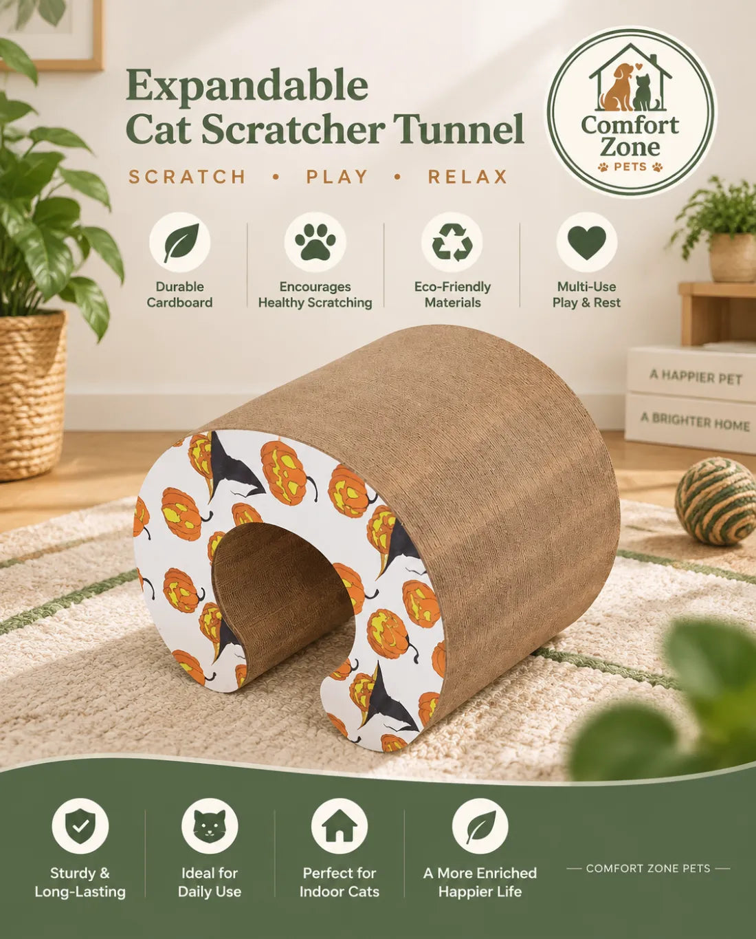 Expandable Cardboard Cat Scratcher with Tunnel Curve Shape, Interactive Cat Toy for Scratching, Playing, and Mental Stimulation