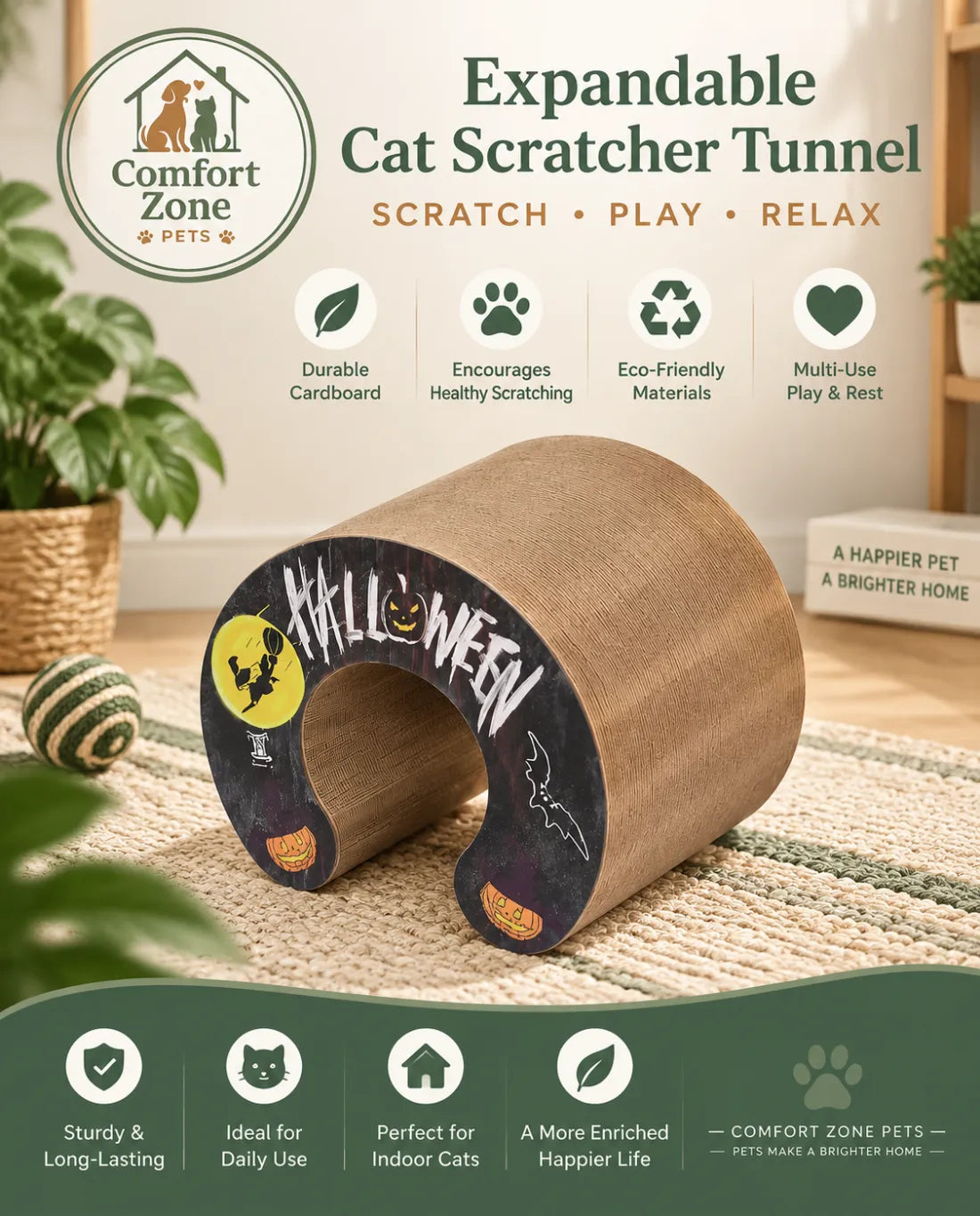 Expandable Cardboard Cat Scratcher with Foldable Tunnel Design, Durable Cat Scratch Pad and Interactive Play Toy for Indoor Cats