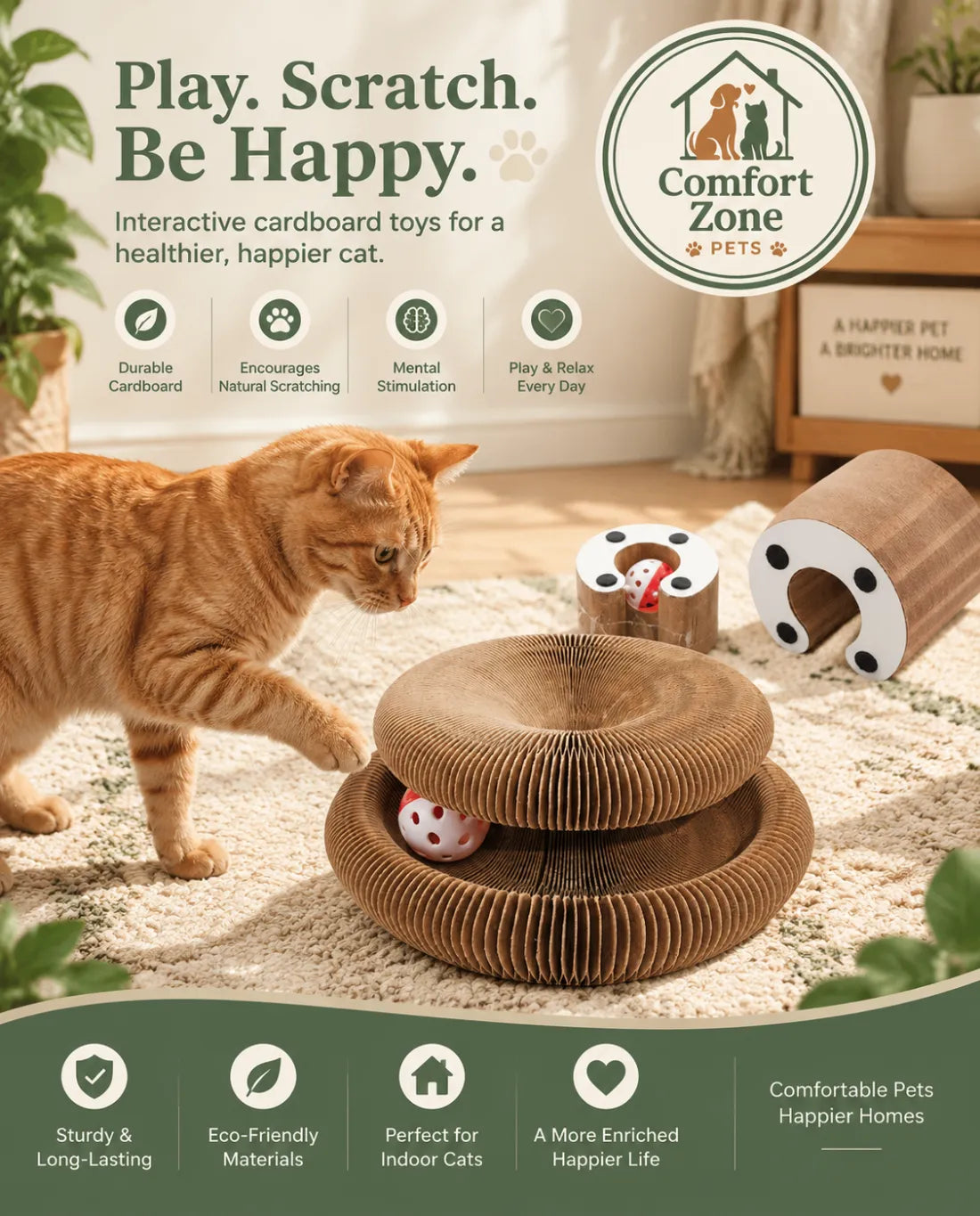 Expandable Cardboard Cat Scratcher Interactive Toy with Cat Tunnel and Scratching Surface, Fun Indoor Cat Activity Toy
