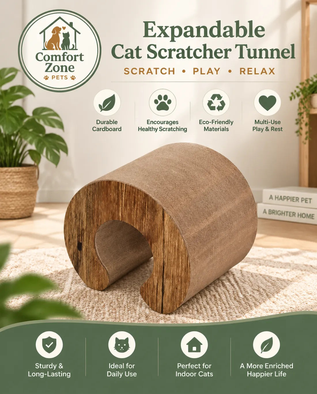 Expandable Cardboard Cat Scratcher with Honeycomb Texture, Durable Scratch Pad and Play Tunnel for Happy Indoor Cats