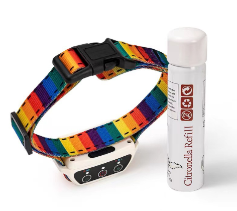 Spray bark training collar with rainbow strap and citronella refill cartridge