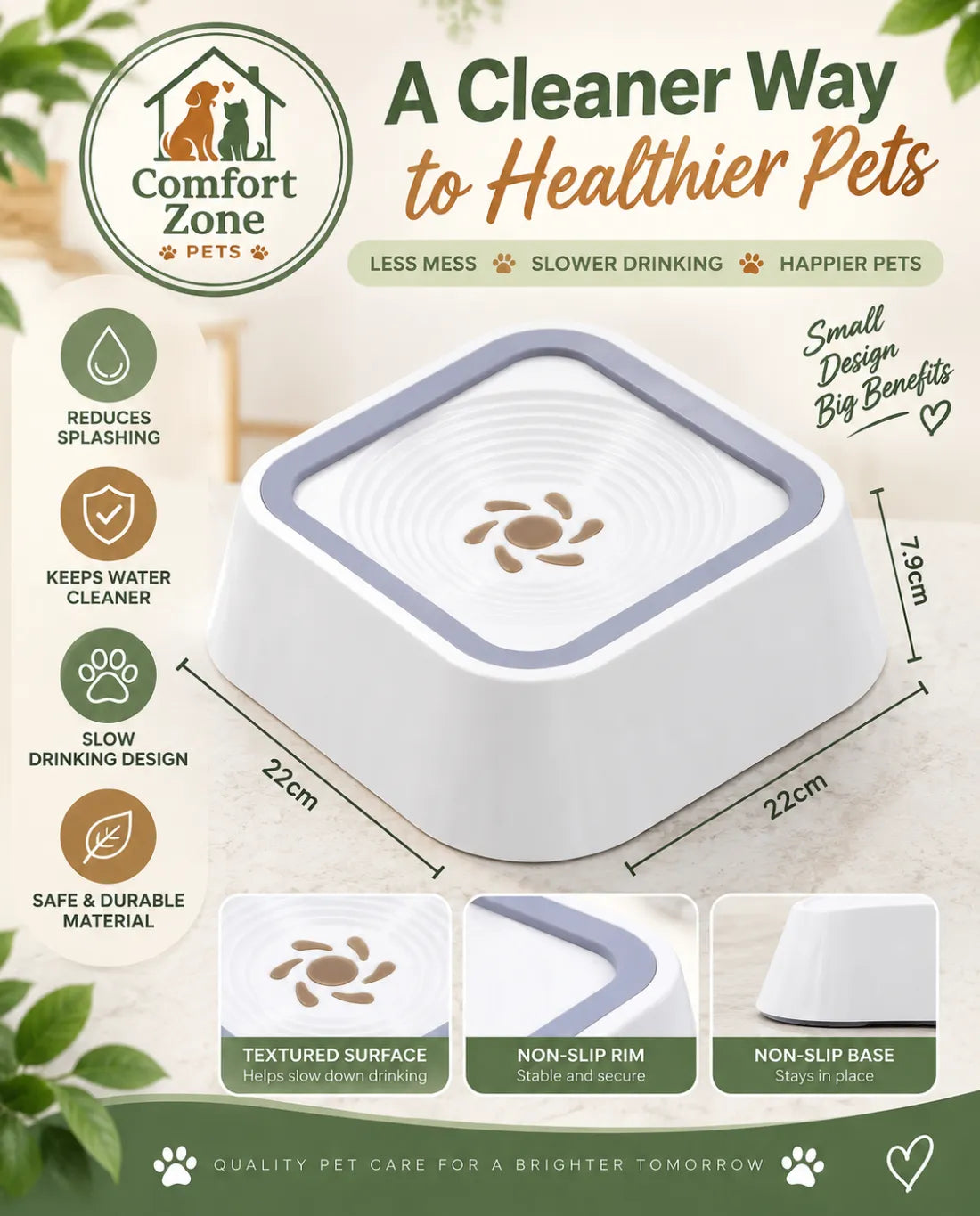White anti-spill slow-drinking pet water bowl for cats and dogs, designed to reduce splashing and help keep floors and drinking water cleaner.