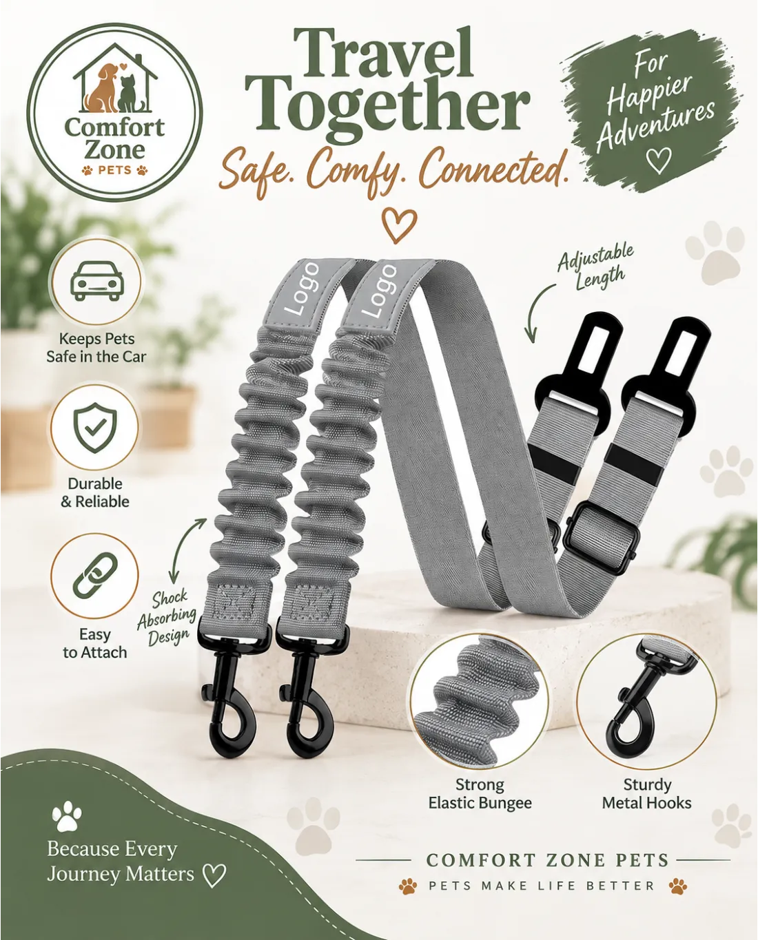 Gray adjustable dog car seat belt with strong elastic bungee strap and sturdy metal hooks for pet safety.