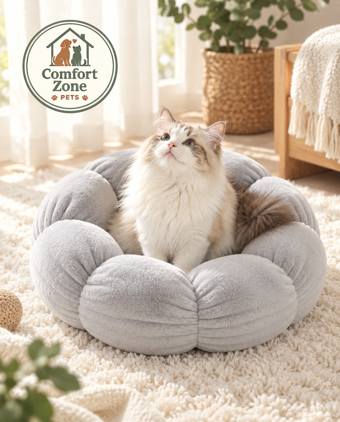 Cozy gray plush cat bed with fluffy fabric designed for indoor cats and kittens.